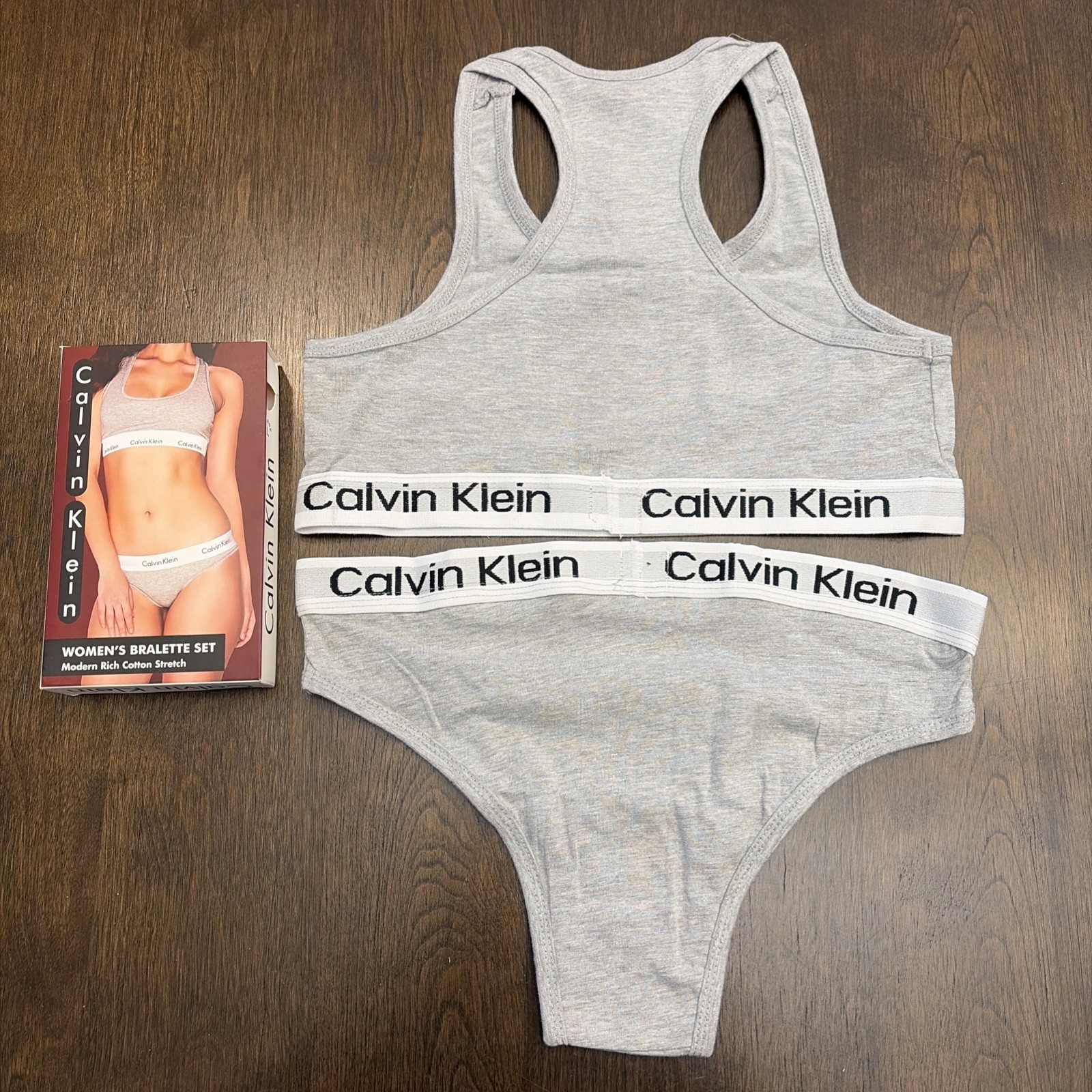 Calvin Klein Gray Sports Bralette Set with White Logo Band Size Medium New