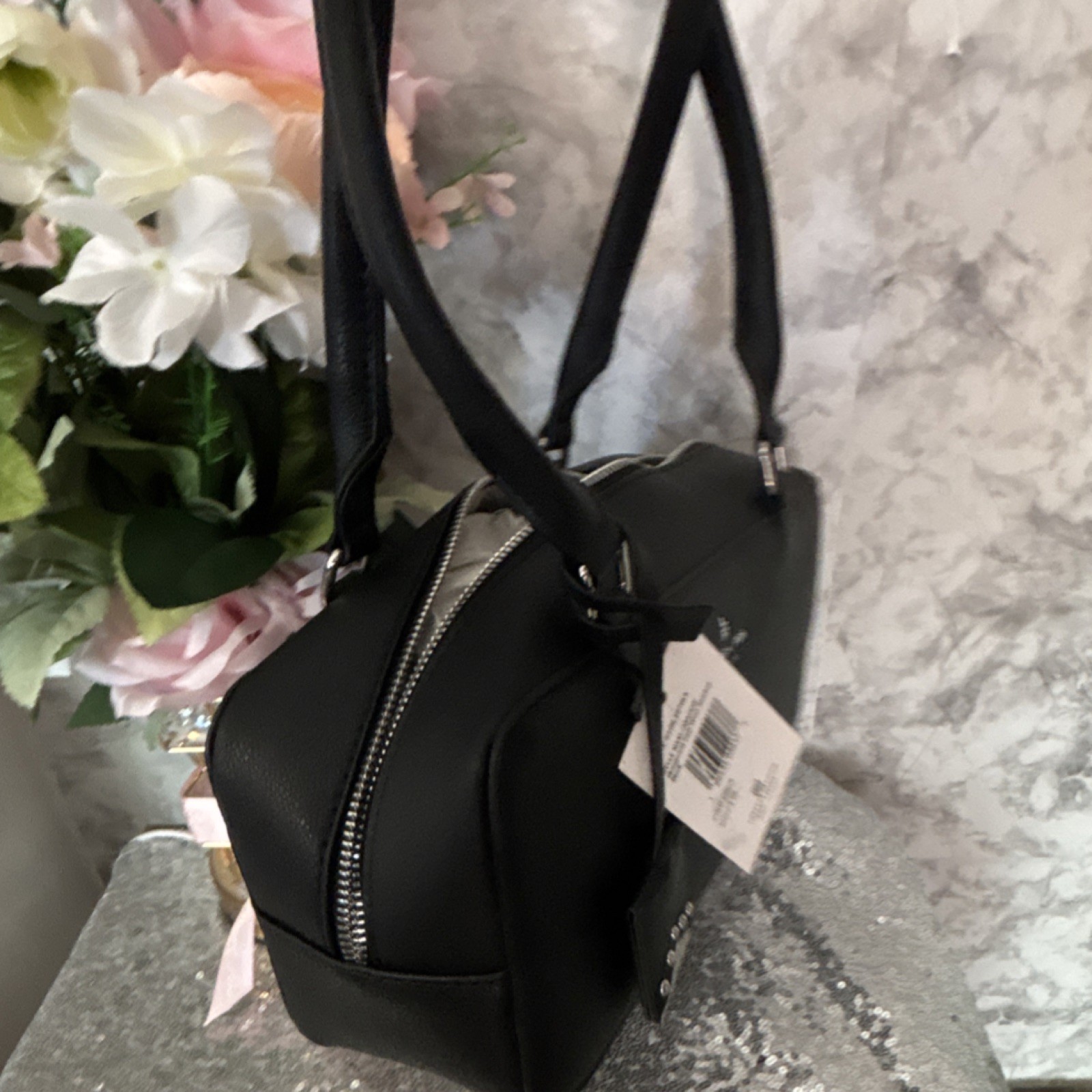 London Fog Black Satchel Top Handle Zip Closure Detachable Strap Silver Hardware
