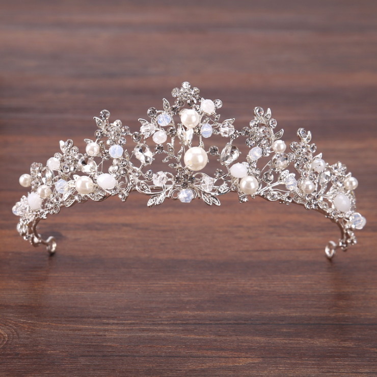 5cm Tall Flower Crystal Beads Pearl Wedding Queen Princess Tiara Crown For Women
