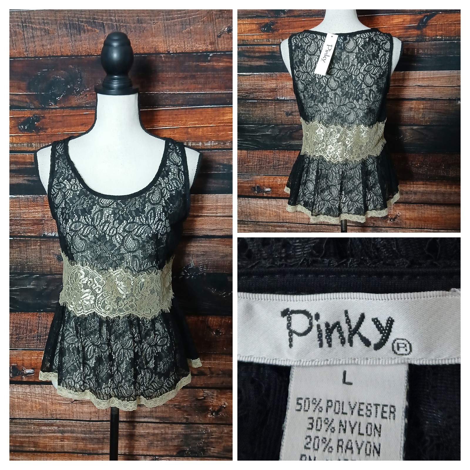 Pinky Lace Top Size L Sheer Black Gold Side Zip Peplum NWT