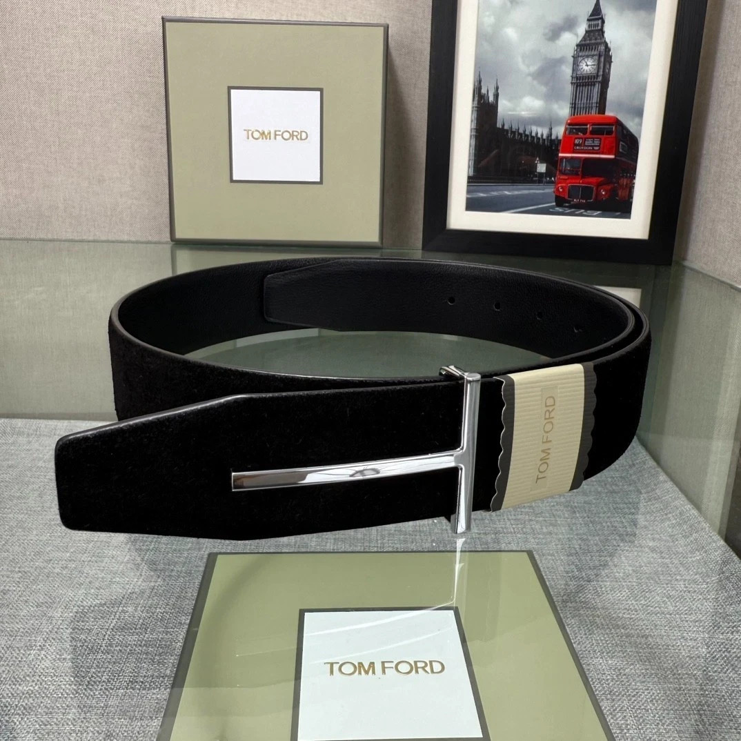 Tom Ford Men’s Black Suede Leather Belt 38mm Silver T Buckle New