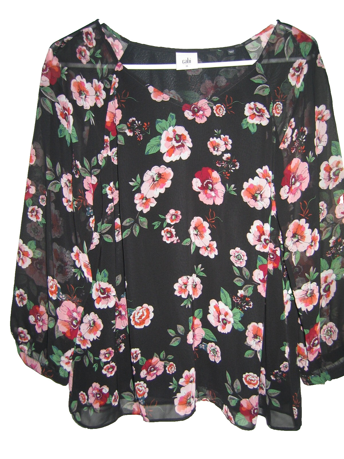 Cabi Red Floral Print Blouse Size M Medium Black Sheer 3595 Top Lined