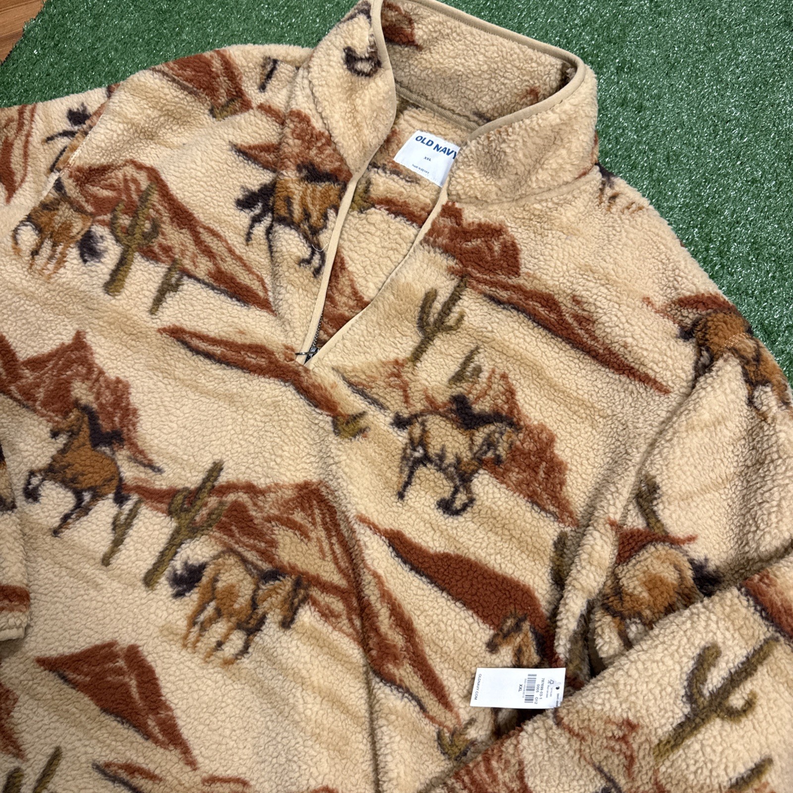 NEW Old Navy Horse Print Sherpa Quarter Zip Pullover Mens 2XL Tan Brown Pockets