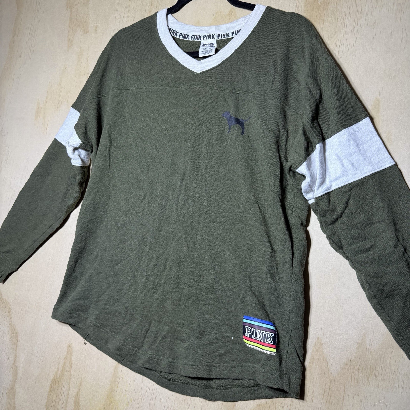 PINK Victoria’s Secret Olive Green Long Sleeve V Neck Top Rainbow Logo S
