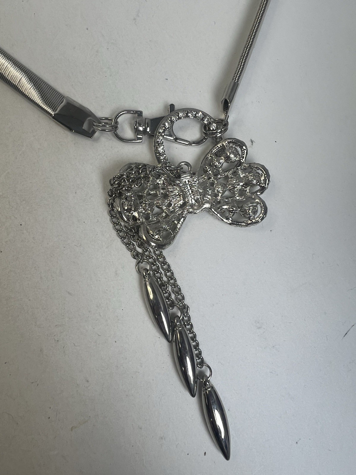 Vintage Silver Tone Pearl Rhinestone Bow Dangle Tassel Snake Chain Belt