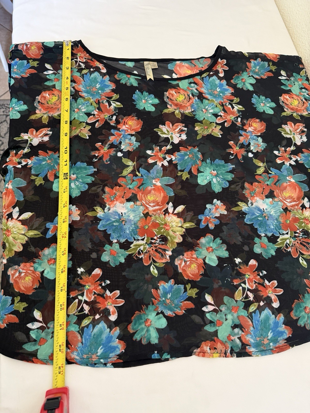 Chenault Womens Floral Chiffon Sheer Batwing Blouse Top Black Multicolor L