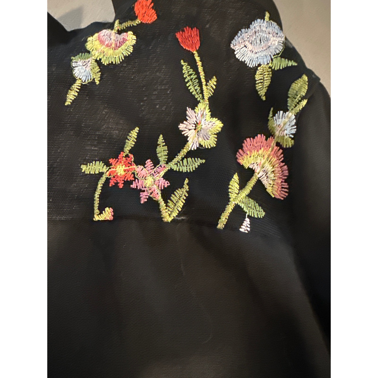 Shein Black Tie Neck Short Sleeve Blouse Mesh Floral Embroidered Back XS