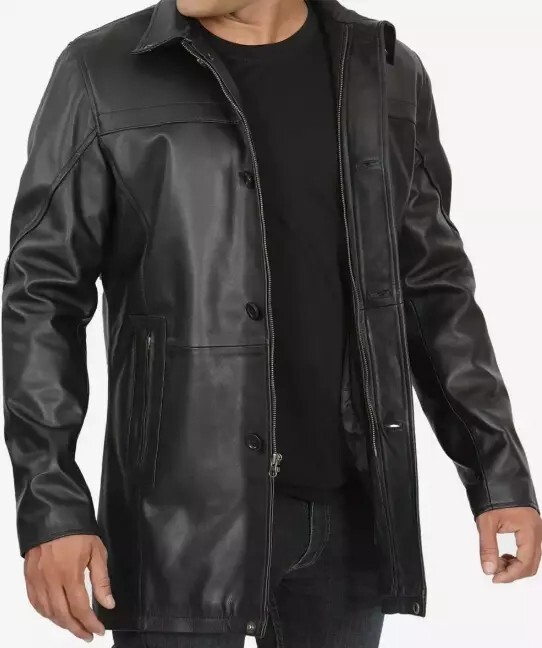 Men’s 3qtr Coat Button Closer Black Real Sheep Leather Jacket Coat Lamb Skin