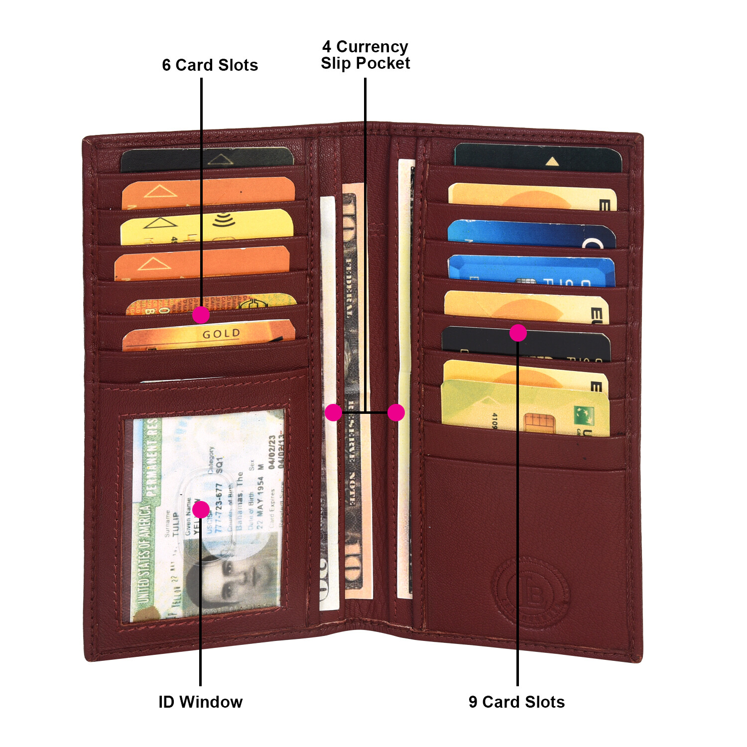 Leatherboss Genuine Leather Men Long Wallet Pockets ID Card Clutch Bifold Purse