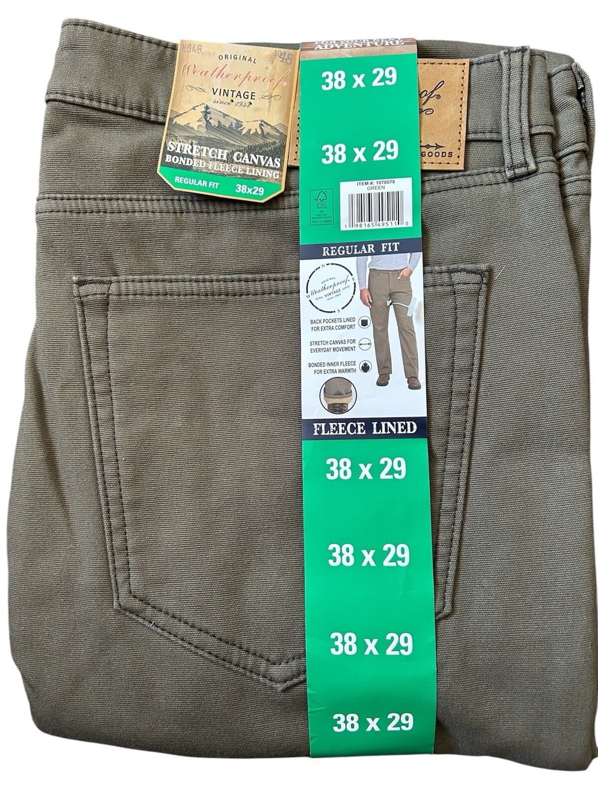 Weatherproof Vintage Men’s Stretch Canvas Fleece Lined Pants. Size 38×29, Green