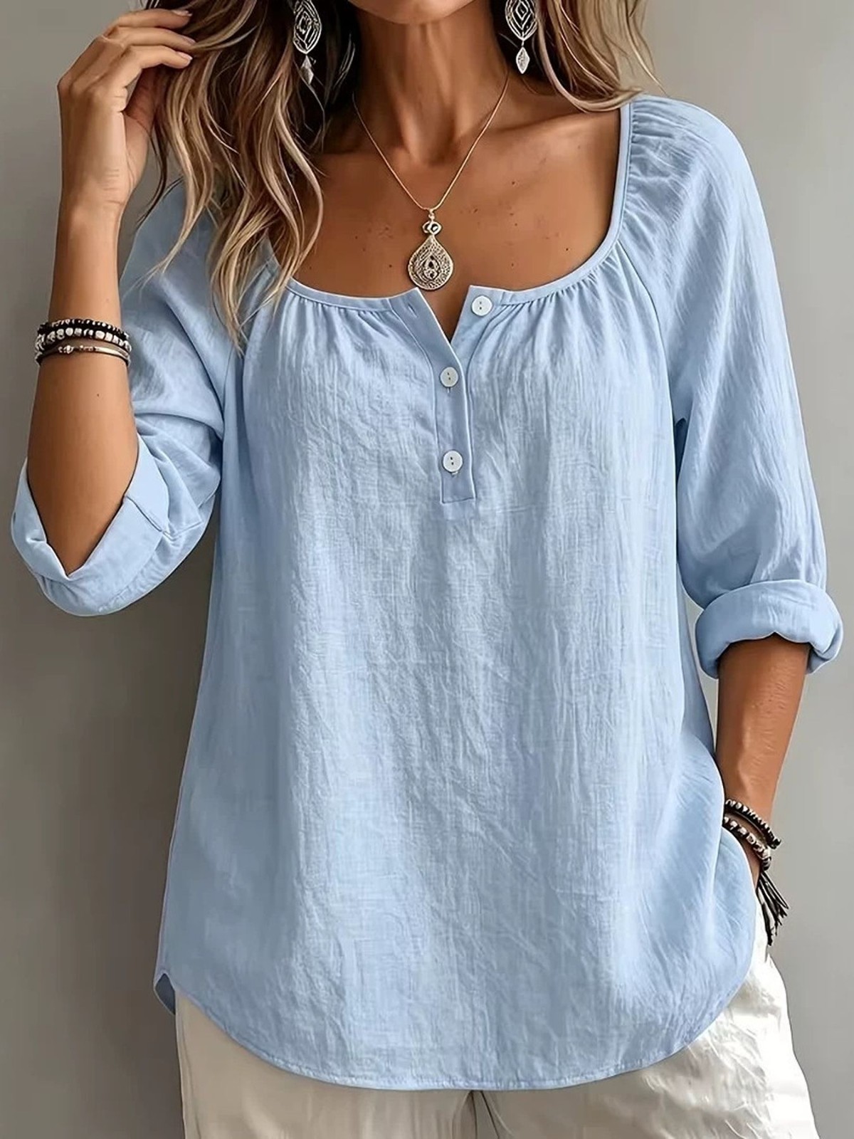 Voidism – Womens Button Detail Long Sleeve Top. A Casual Pullover.