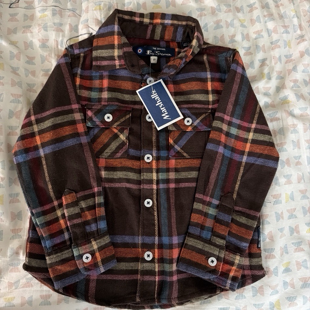 Ben Sherman Boys 2T Plaid Long Sleeve Collared Button-Up Shirt Brown