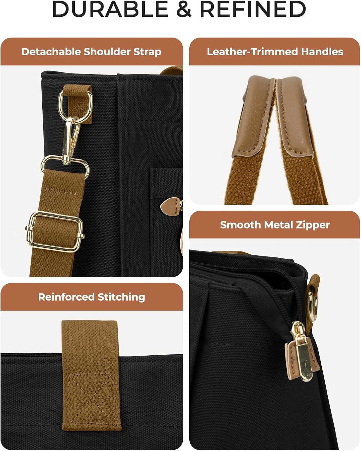 Canvas Tote Bag for Women, Large Tote Bag with Zipper & Compartments for Work C