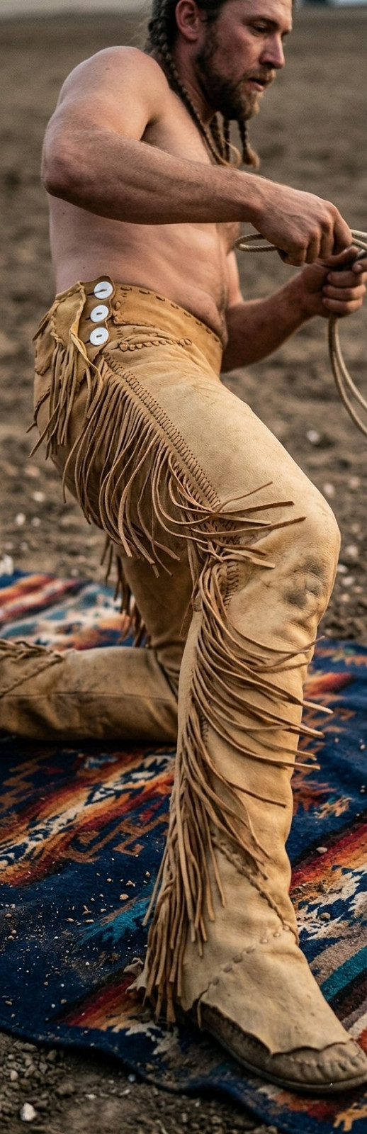 Men Native American Western Buckskin Buffalo Leather Ragged Fringe Pants