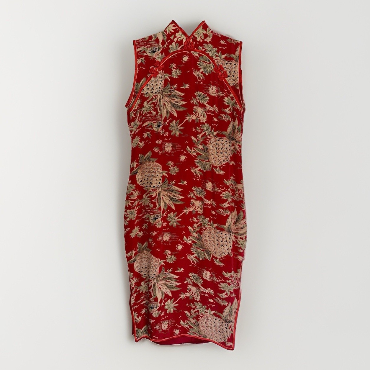 Original AVANTI Authentic Hawaii 100% Silk Red Pineapple Cheongsam Luau Dress M