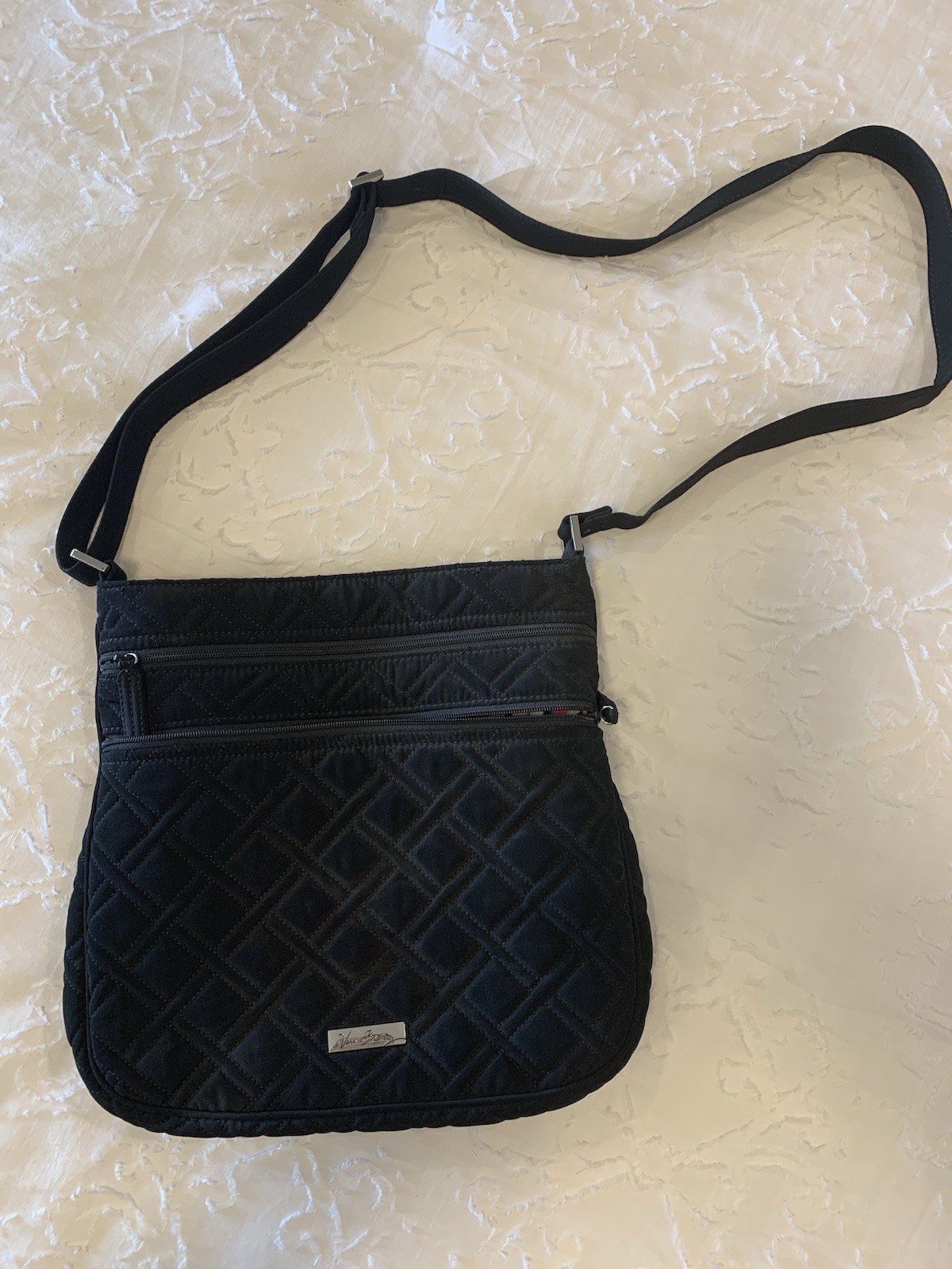 Vera Bradley Small Black Crossbody Bag Zip Closure Adjustable Strap Geo Lining