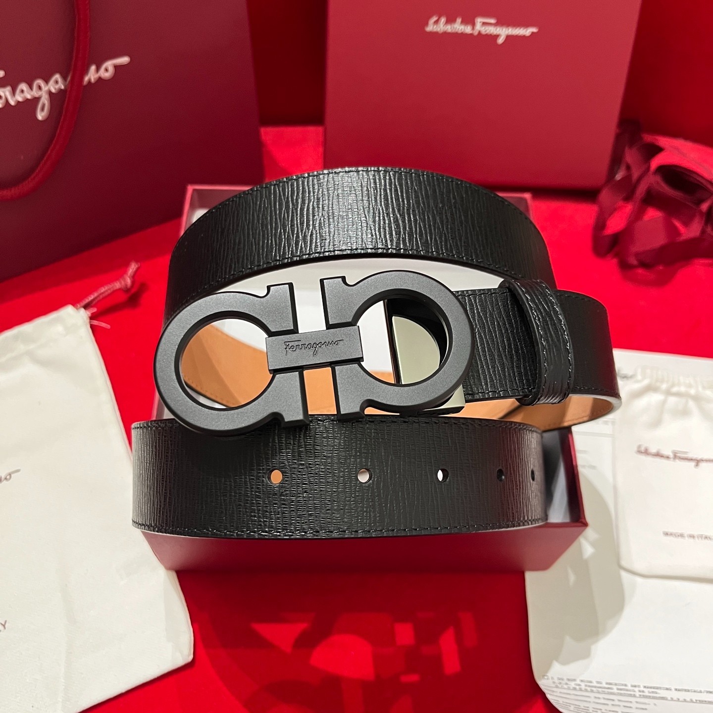 Salvatore Ferragamo Belt Handcrafted Genuine Italian Leather Black Buckle