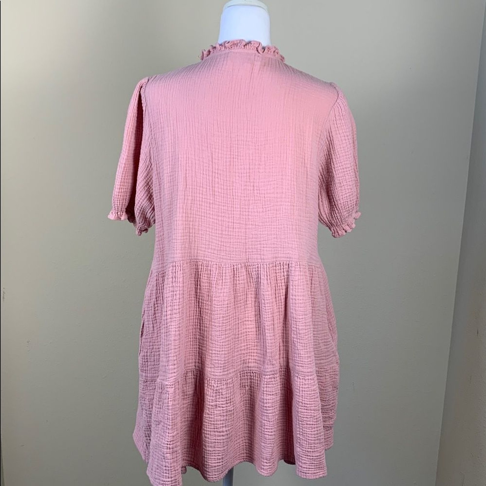In February Pink Button-Front Gauze Tunic Dress