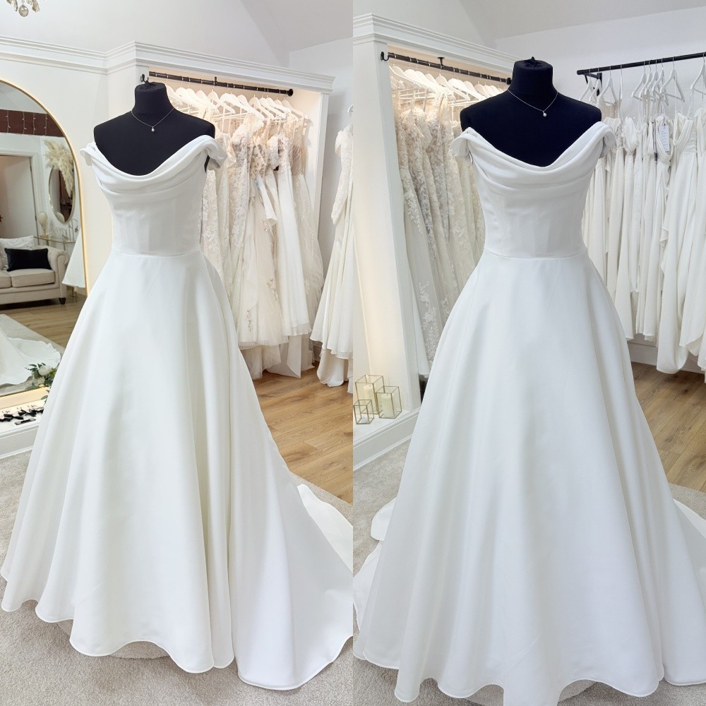 Classic Wedding Dresses White Ivory Satin Off Shoulder Sweep Train Bridal Gowns