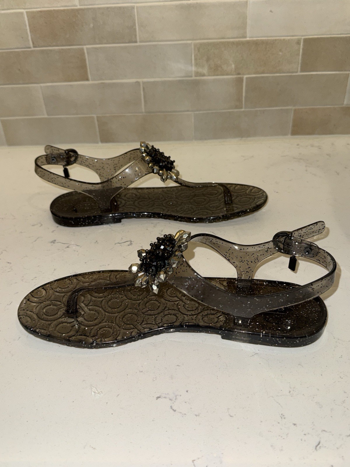 Coach Hilda Jelly Sandals Size 9 Black Embellished Glitter Designer Resortwear
