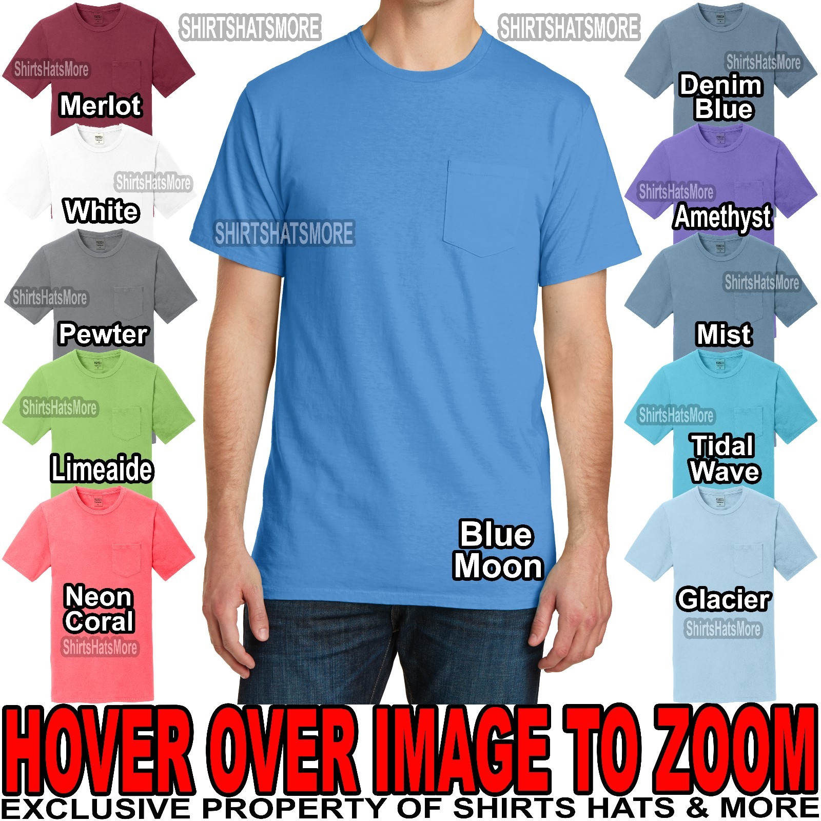 Mens Pigment Dyed T-Shirt with Pocket PRESHRUNK Cotton S-XL, 2XL, 3XL, 4XL NEW