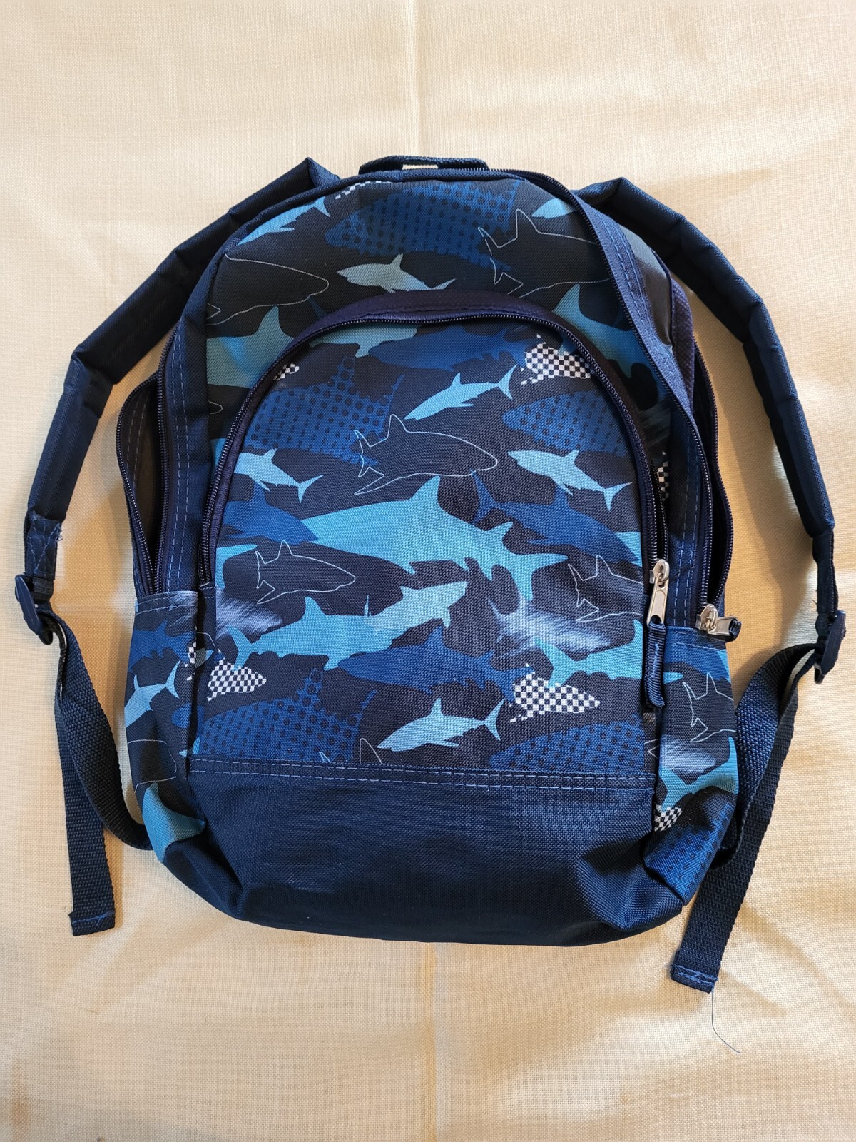 SMALL CHILD’S BLUE SHARK PRINT BACKPACK – APPROX 15″ X 11″ – GOOD CONDITION