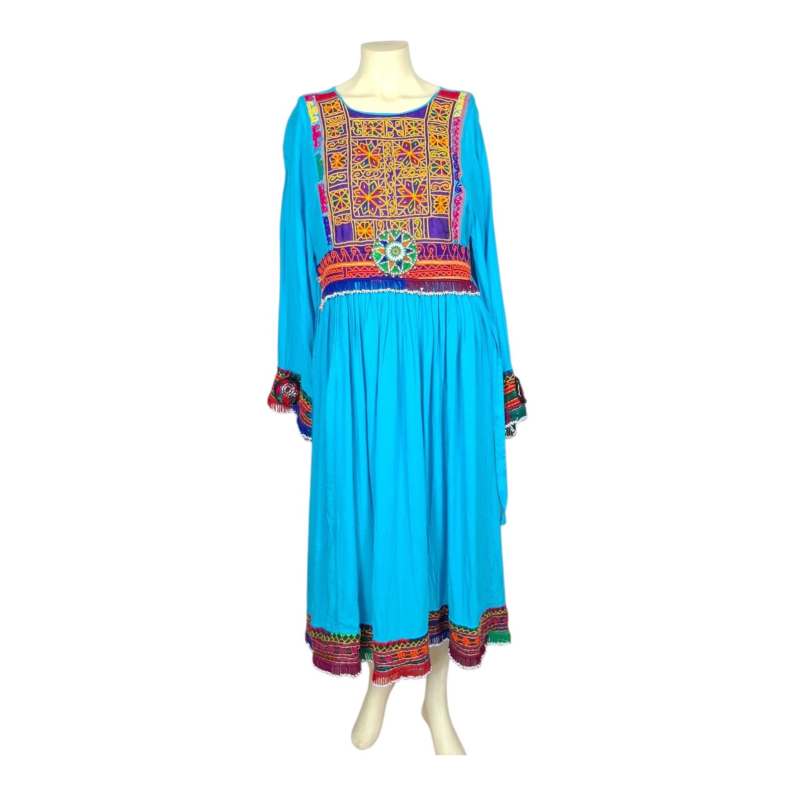 VTG Afghan Kuchi Style Embroidered Dress Size S Blue Beaded Fringe Boho Festival