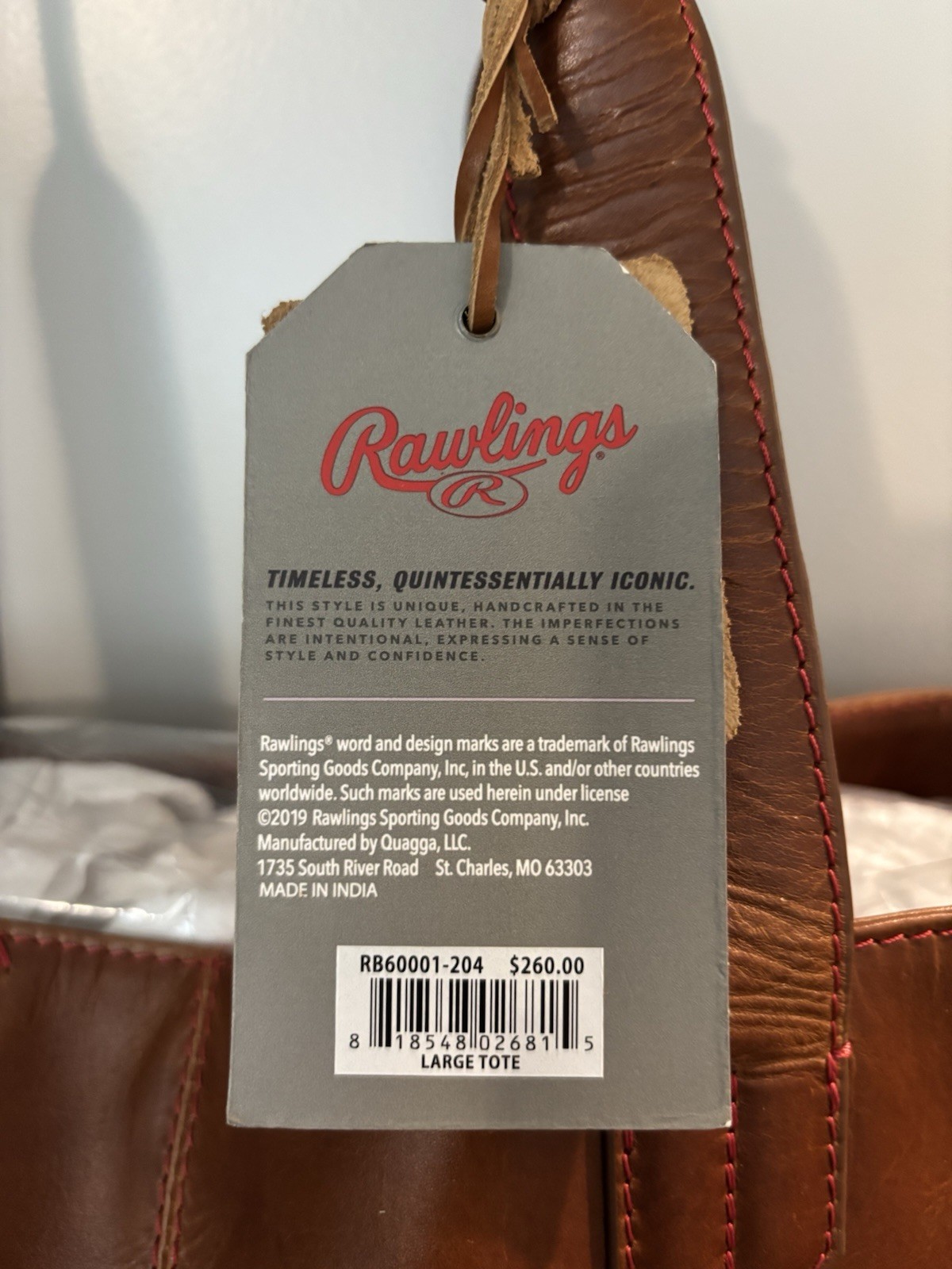 Rawlings Tan Baseball Stitch Leather Tote Bag Large NWT
