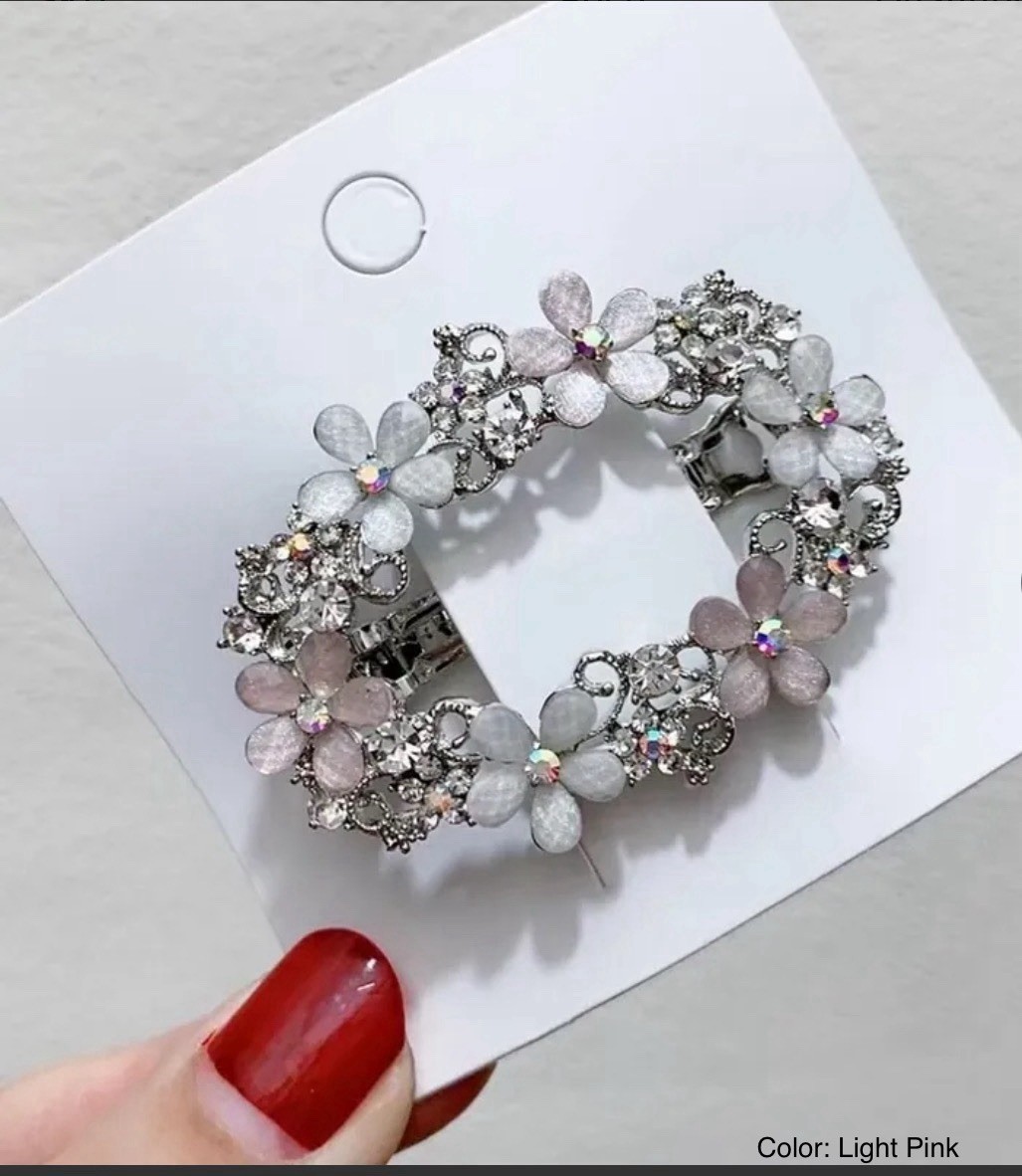 Oval Flower Hair Clip Rhinestone Crystal Color: Light Pink