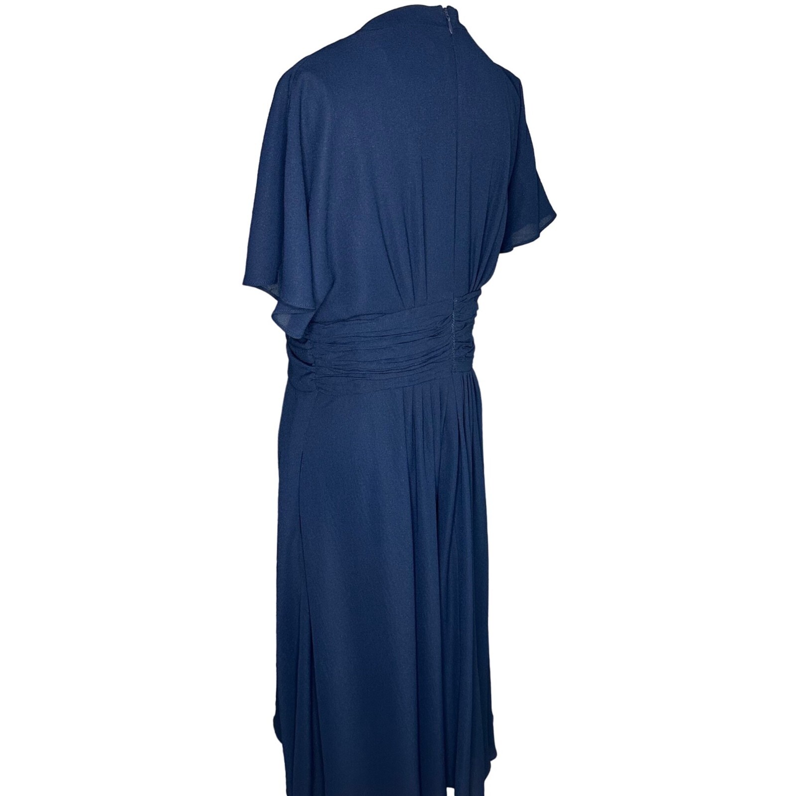 Gal Meets Glam Navy Blue Chiffon Waist Tie Bow Midi Dress Size 8 Back Zipper