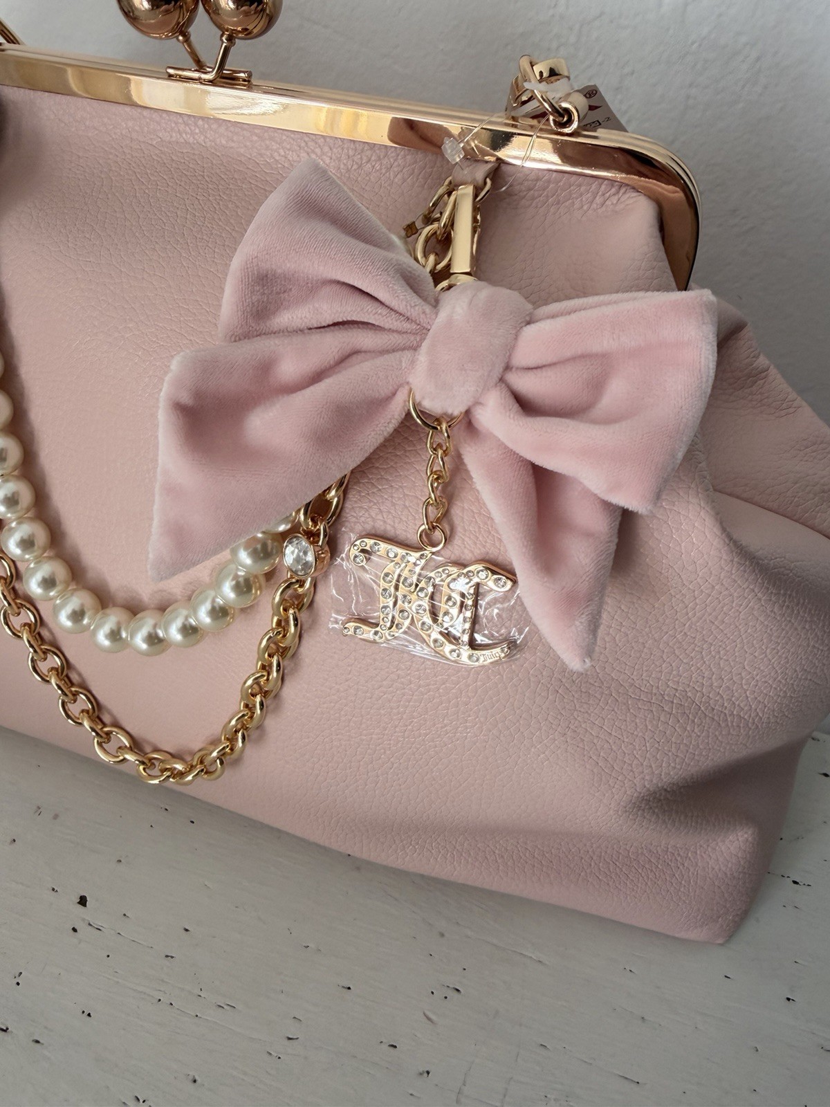 Juicy Couture Charm Haus Large Frame Clutch Bag Purse With Pearls Pink Clay