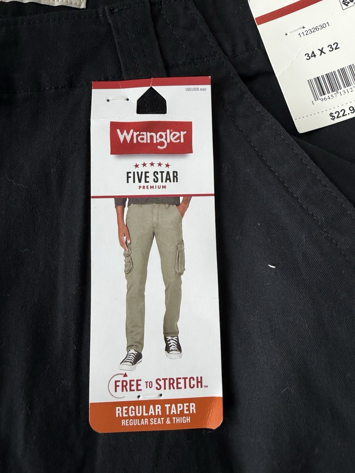 Wrangler Five Star Men’s Black Cargo Pants 34W Regular Taper Stretch Pockets
