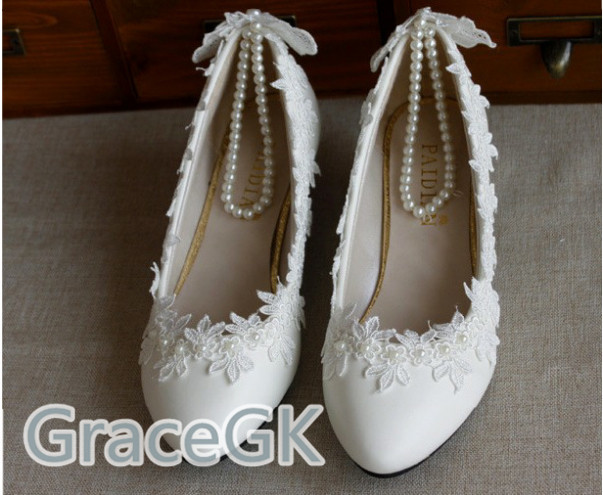 Women’s Lace Wedding Shoes Pearls anklet Bridal High Low Heels flat shoes