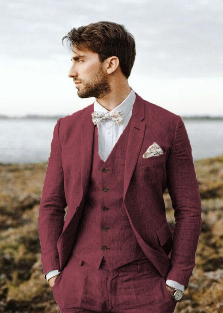 Men Multi Color Linen 3 Piece Suit Notch Lapel Summer Wedding Formal Outfit
