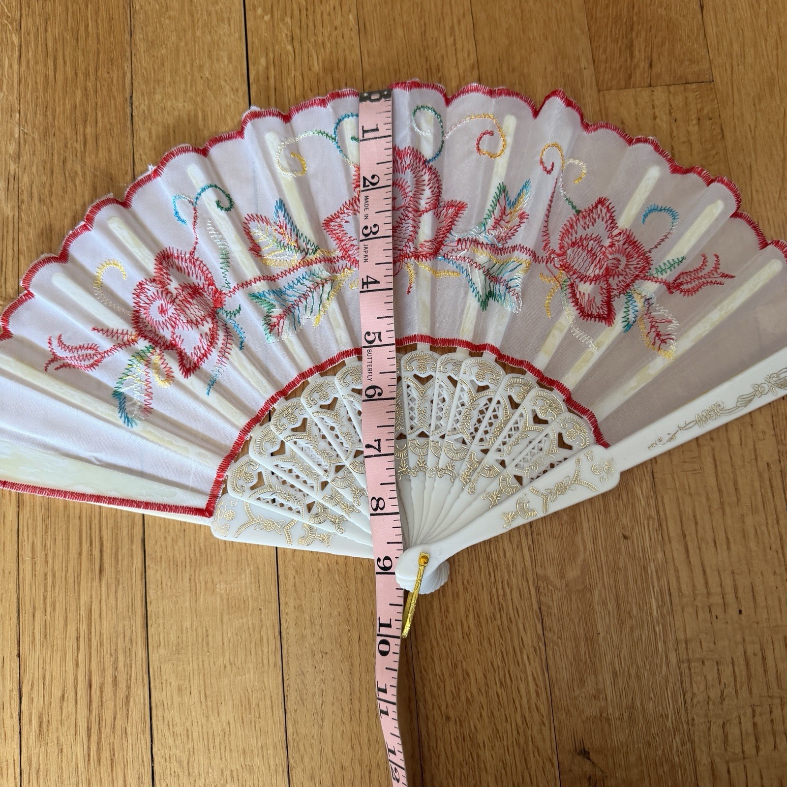 Accordion Fan Fold Out Floral Rose Pastel Fabric Embroidered Plastic Replica