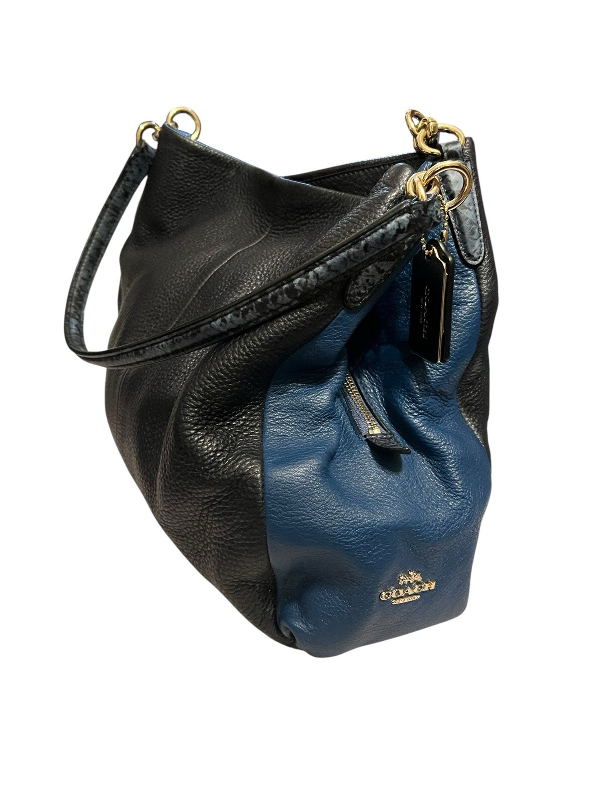 Coach Madison Phoebe Black Blue Pebbled Leather Triple Compartment Shoulder Bag