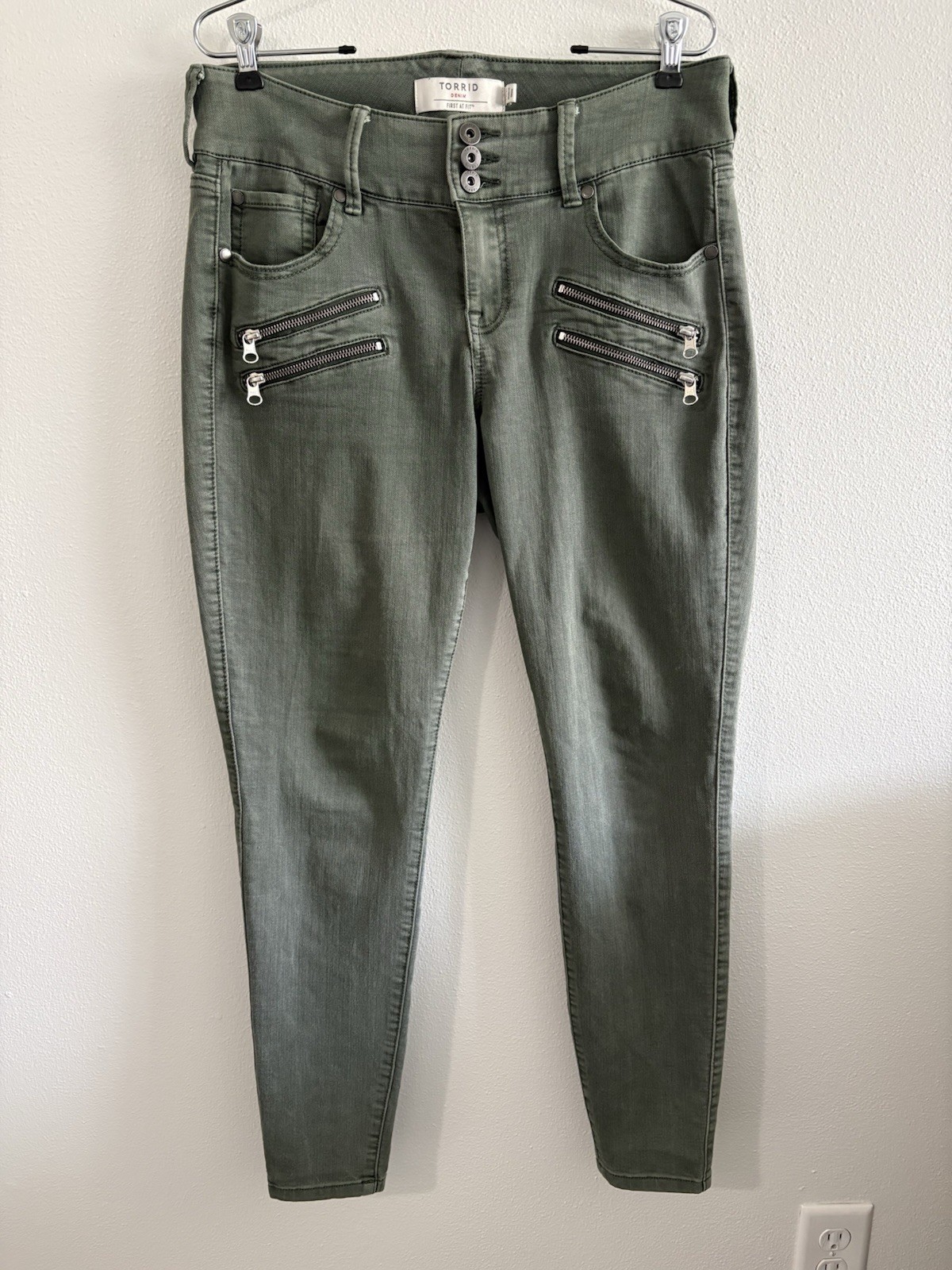 Torrid First at Fit Multi Zip High Rise Skinny Jeggings Olive Green 12R