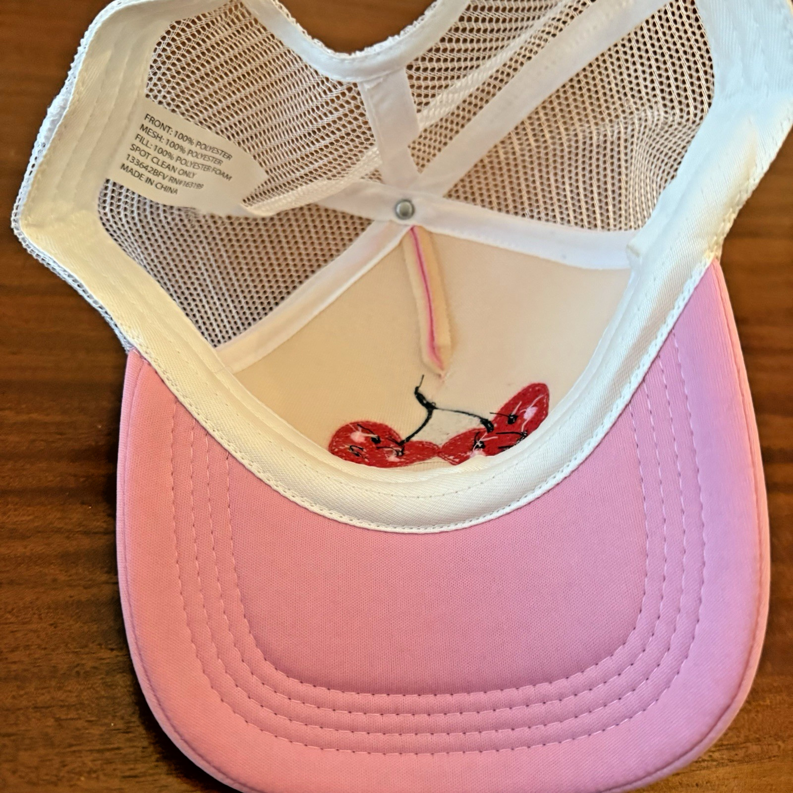 Cherry Heart Snapback Trucker Hat Pink One Size Adjustable Embroidered Mesh Back