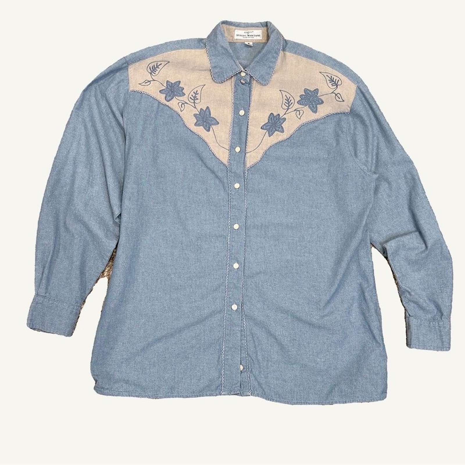 GUESS Georges Marciano 90s Chambray Western Pearl Button Shirt Embroidered Yoke