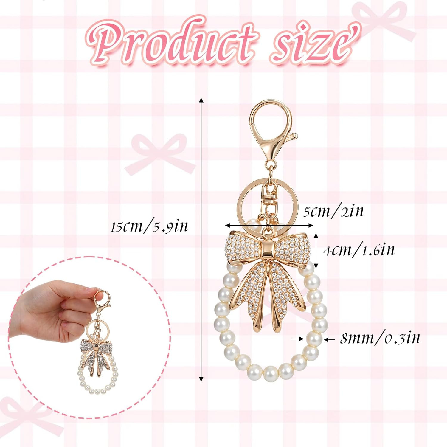 2 Pcs White Rhinestone Bowknot Keychain Imitation Pearl Chains Sparkly Bow Purse
