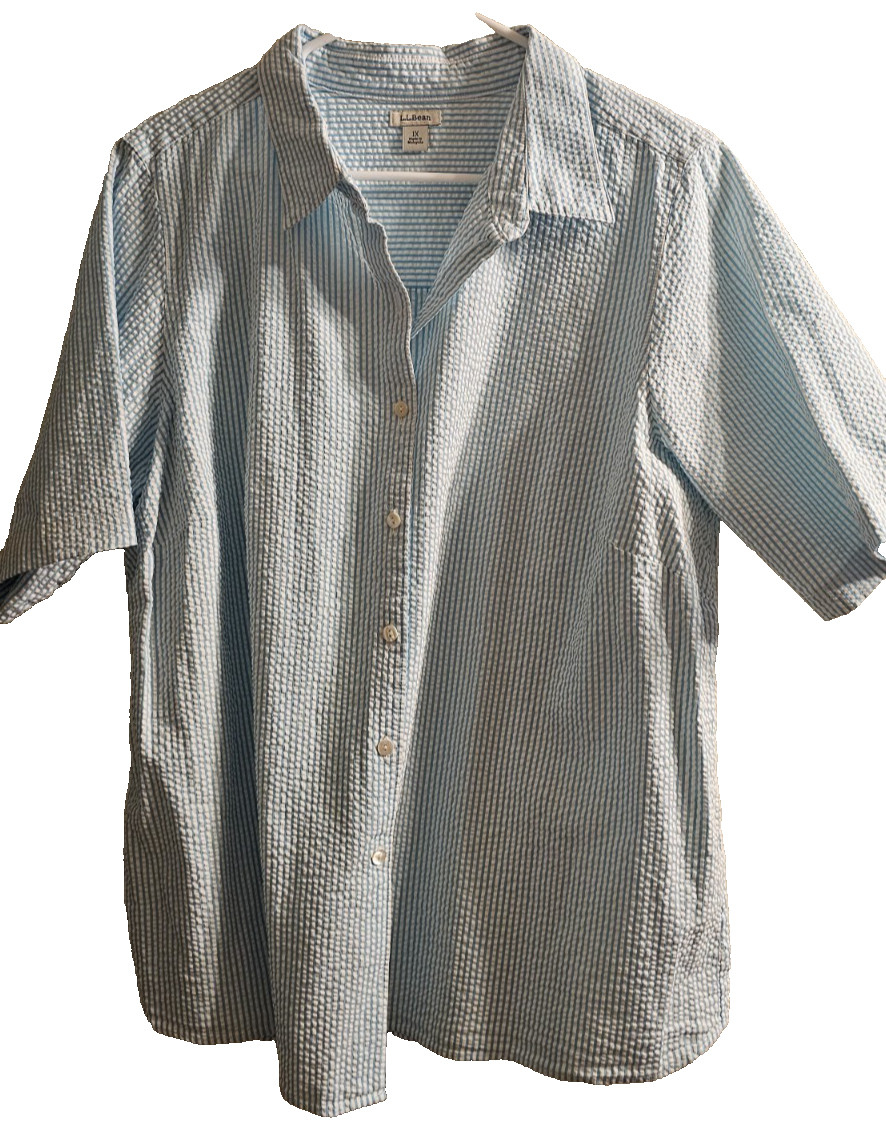 NWOT LL Bean Size 1X Woman’s Seersucker Turquoise and White Button up Blouse
