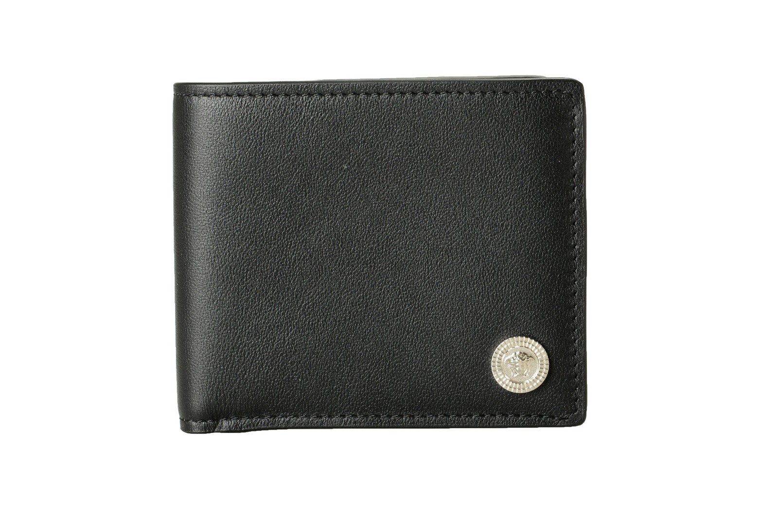 Versace Black Textured 100% Leather Silver Medusa Head Bifold Wallet