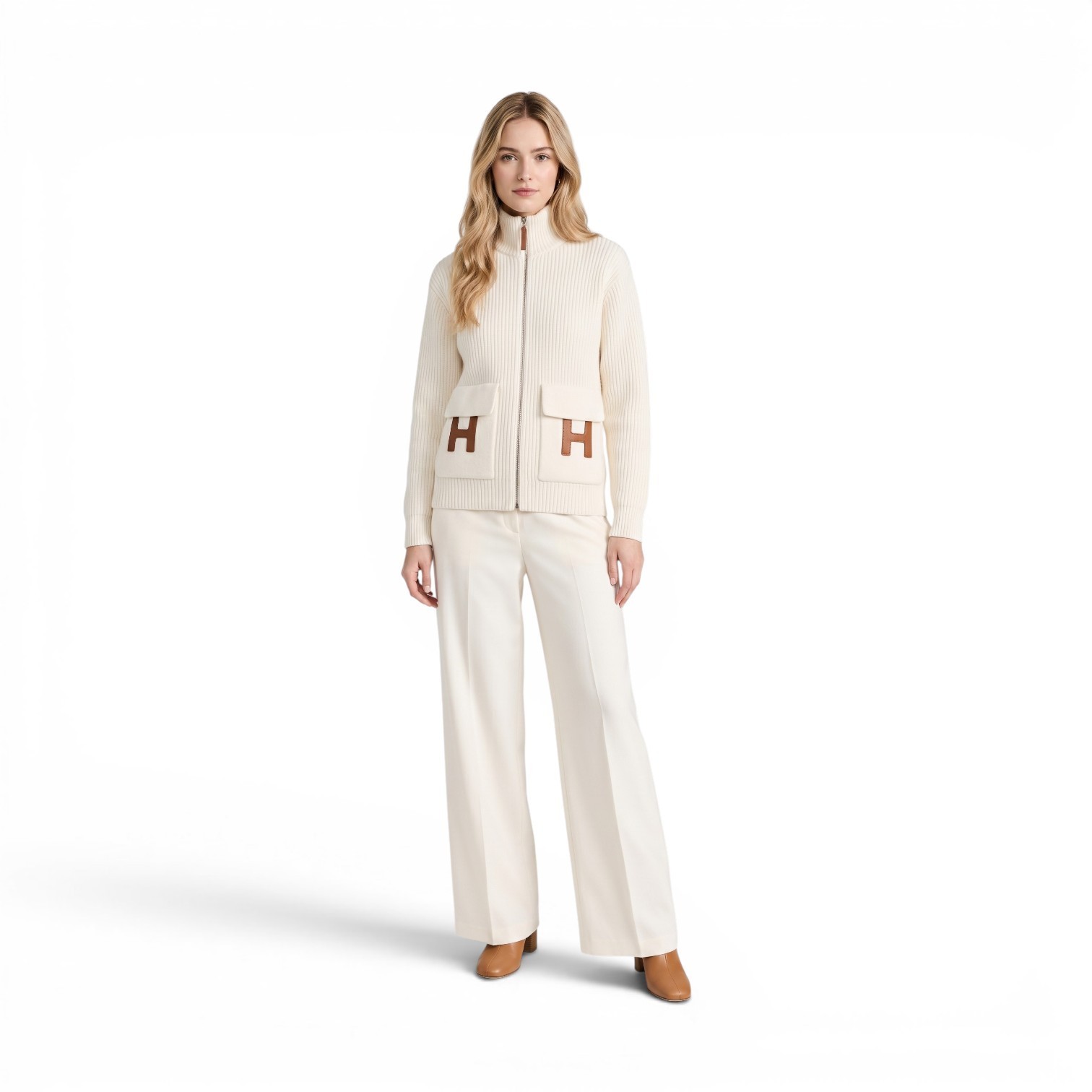 Hermès Blouson Cardigan Blanc Naturel Wool Knit Size 34