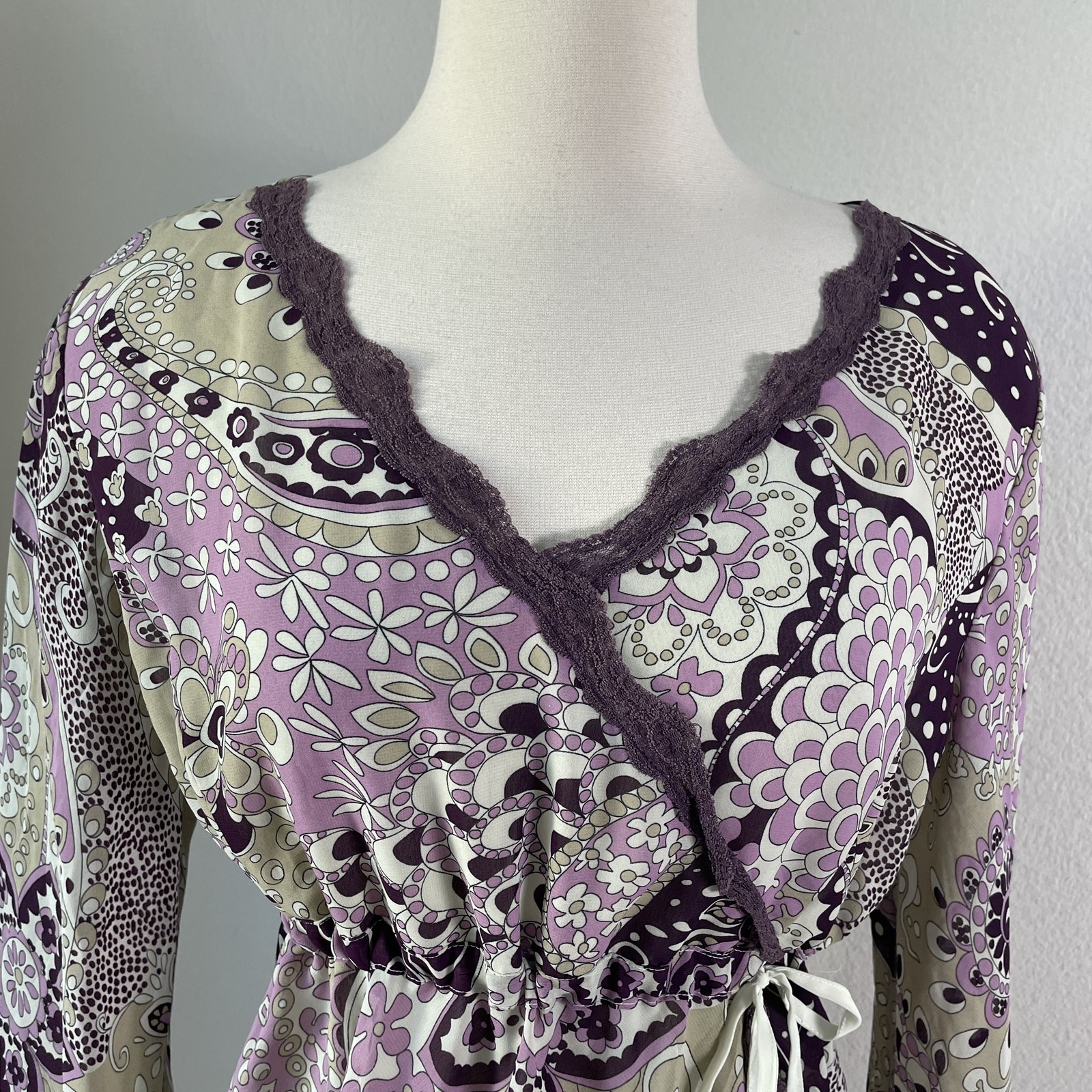 Y2K Apt 9 Blouse Womens XL Purple Beige Floral Paisley Babydoll Long Sleeve Top