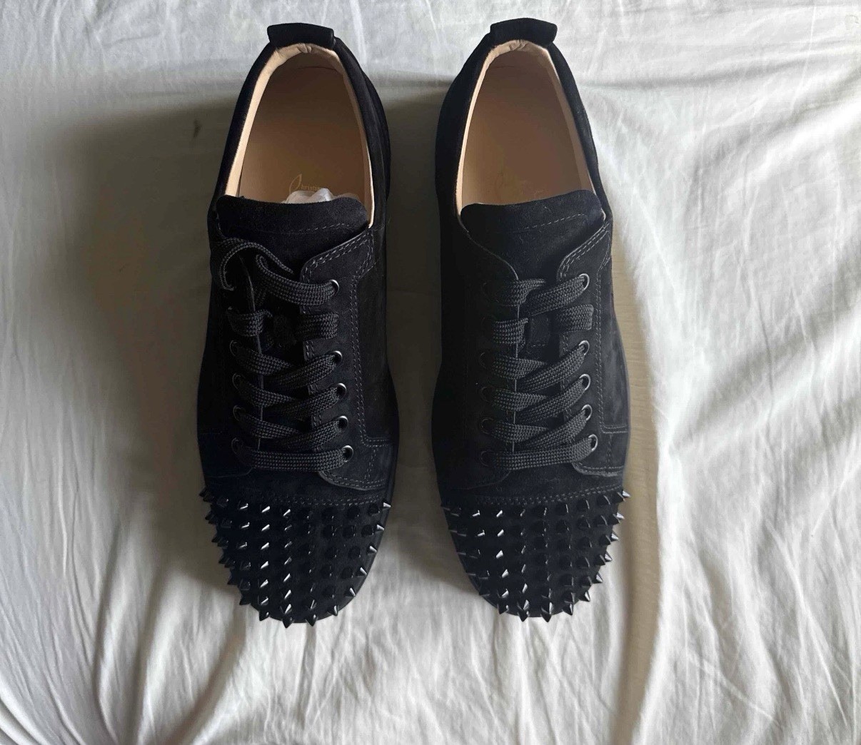 Christian Louboutin Louis Flat Calf Spikes Taupe Suede Low Top Lace-Up