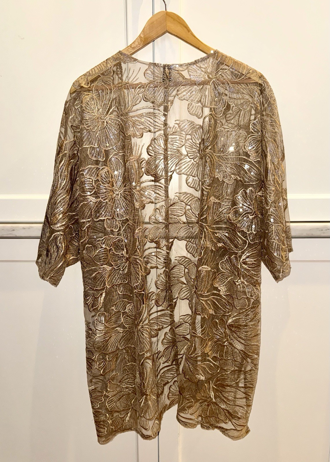 Anne Klein Sheer Embroidered Sequin Open Front Kimono Jacket Gold Floral OS