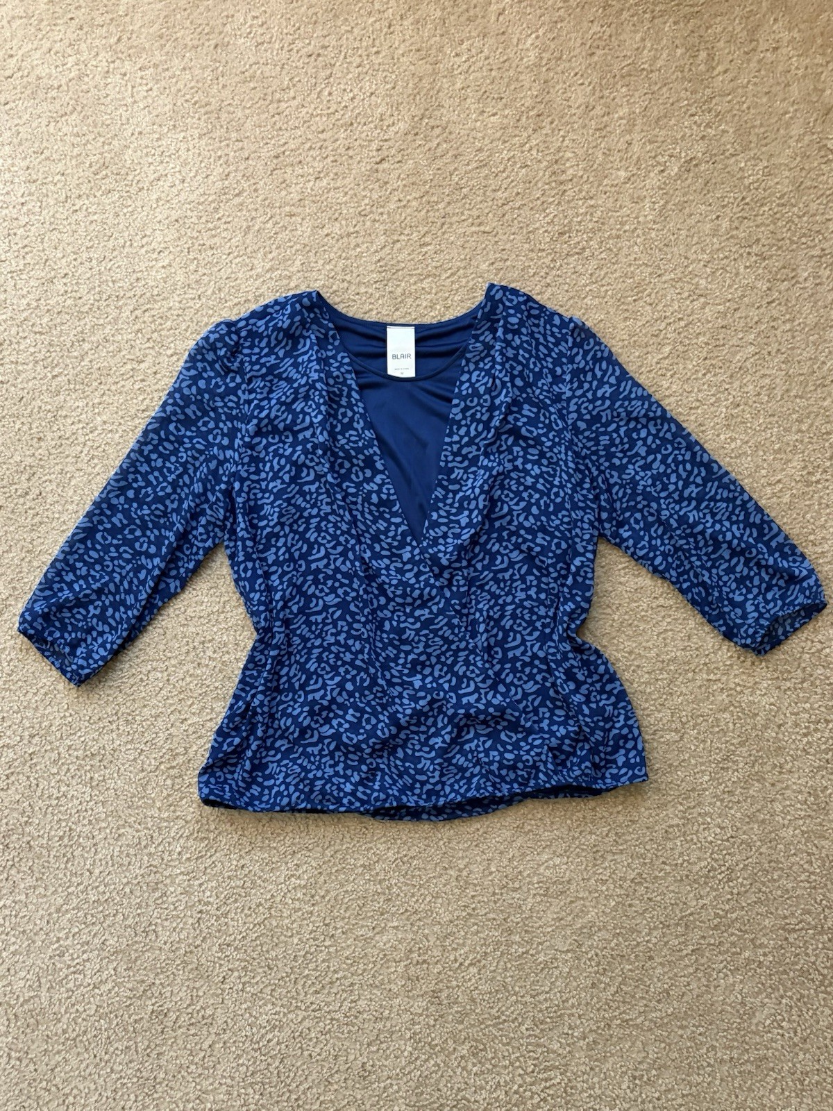 Blair Blue Leopard Animal Print Wrap Blouse V-Neck 3/4 Sleeve Size M