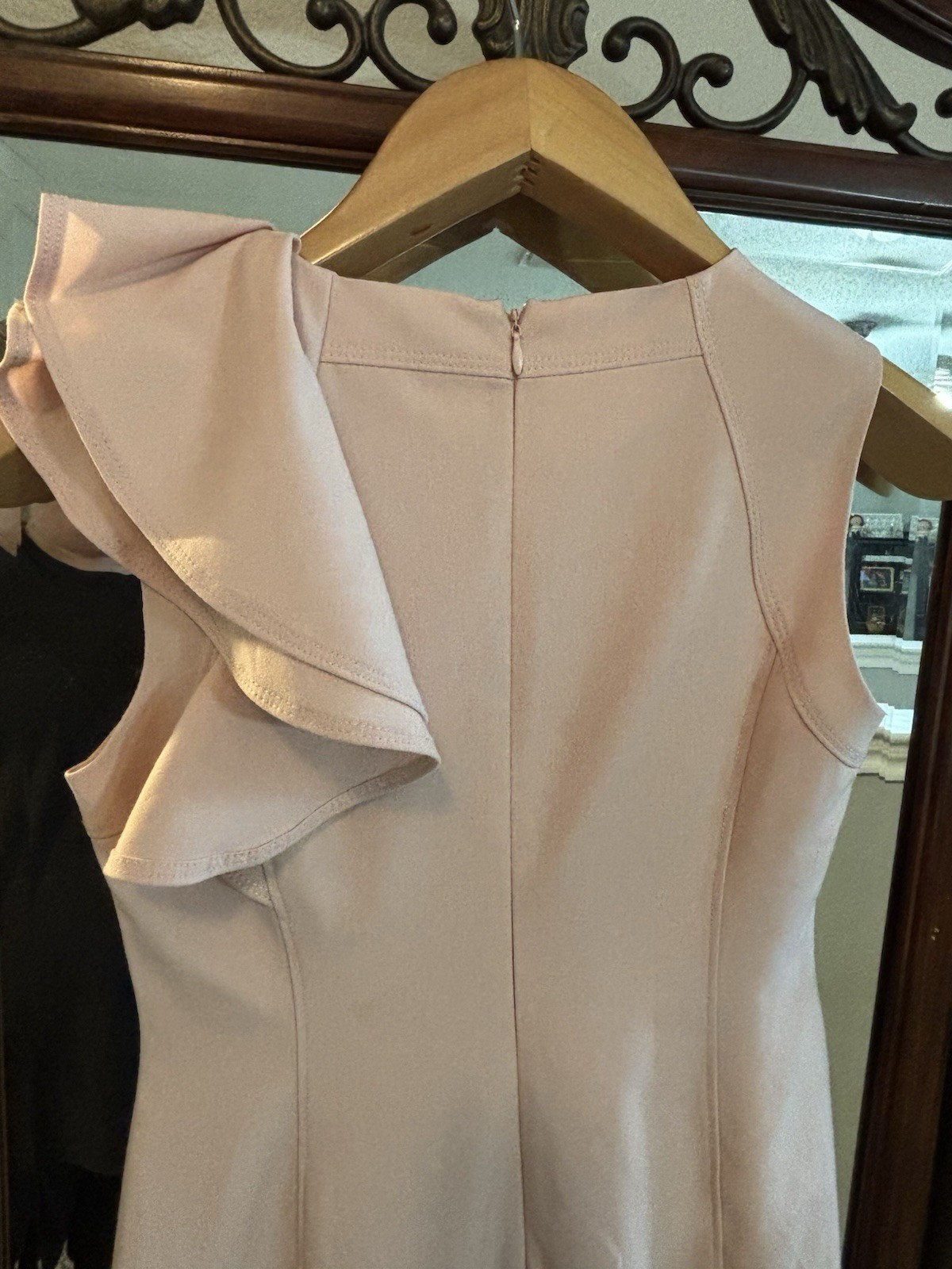 Calvin Klein Pink Solid Sheath Dress Ruffle Shoulder Sleeveless Knee 6P