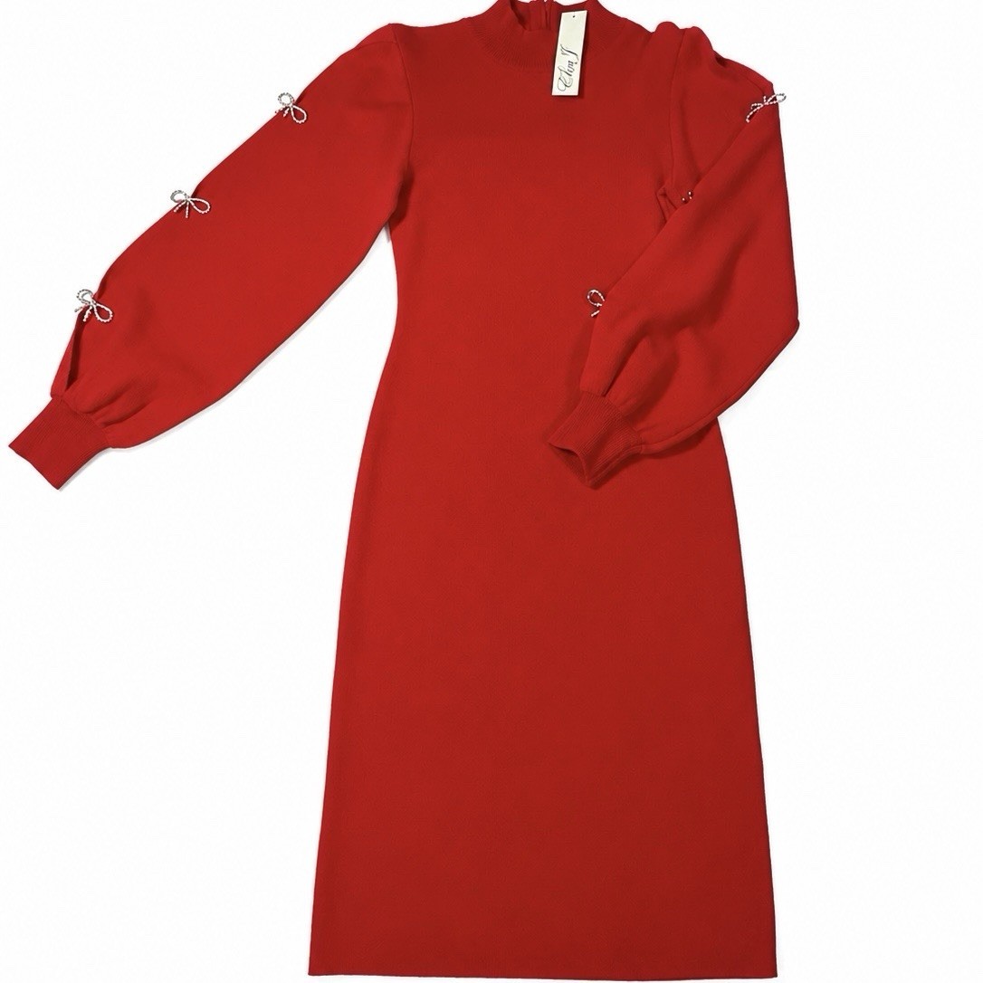 Eliza J Red Knit Mock Neck Sweater Dress Slit Balloon Sleeve With Bows Sz S NWT