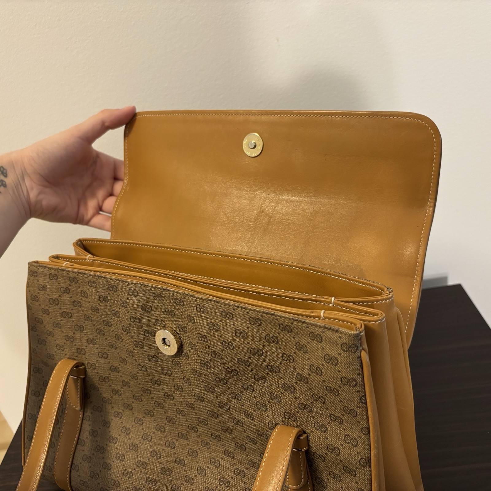Gucci GG Monogram Shoulder Bag Gold Hardware Snap Closure